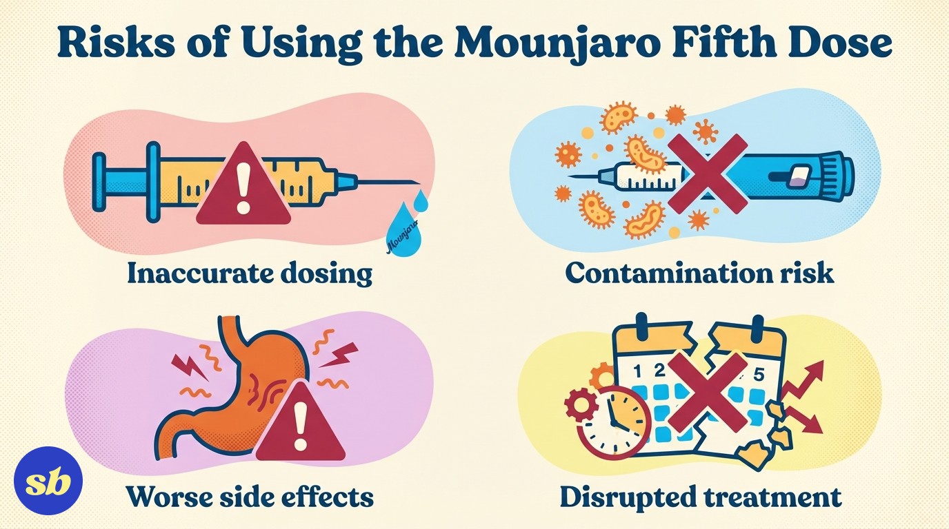 A four-icon infographic showing the main risks of using the Mounjaro fifth dose: inaccurate dosing, contamination, worse side effects, and disrupted treatment plans.