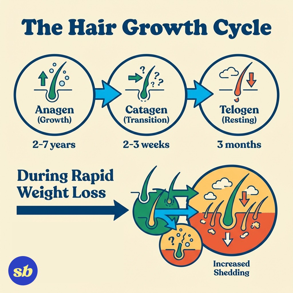 A diagram showing the hair growth cycle with three phases: anagen (growth), catagen (transition), and telogen (resting/shedding), with arrows indicating how stress can push more hairs into the telogen phase prematurely.