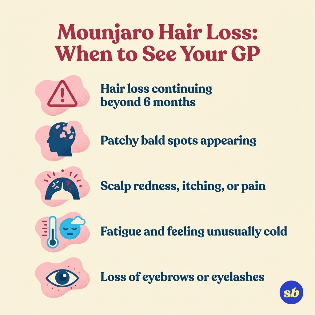 A checklist of warning signs that require a GP visit: hair loss lasting more than 6 months, patchy bald spots, scalp irritation, accompanying fatigue or feeling cold, and loss of eyebrows or eyelashes.