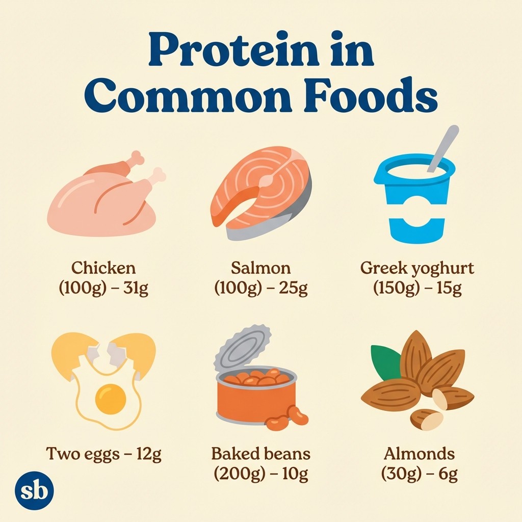 An infographic showing protein content of common foods: chicken breast 31g, salmon 25g, Greek yoghurt 15g, two eggs 12g, baked beans 10g, and almonds 6g.