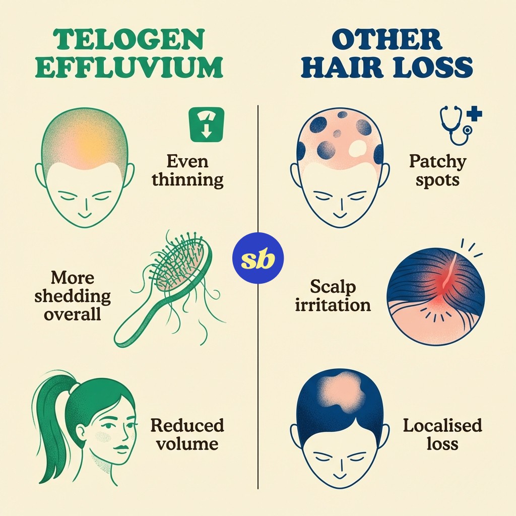 A comparison showing telogen effluvium (diffuse, even thinning across the scalp) versus other hair loss types (patchy bald spots), helping readers identify which type they may be experiencing.
