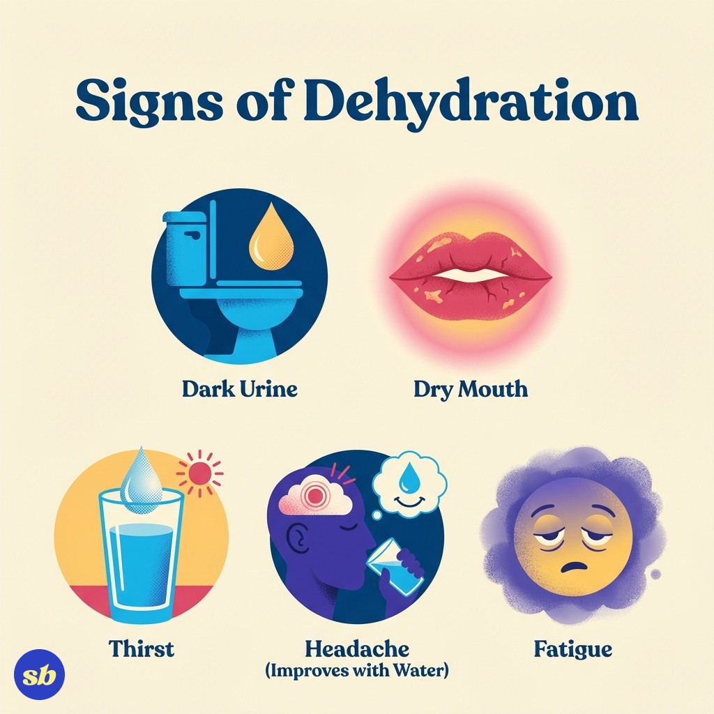 A 5-item infographic showing signs of dehydration: dark urine, dry mouth, thirst, headache improving with water, and fatigue, each with an icon and label.