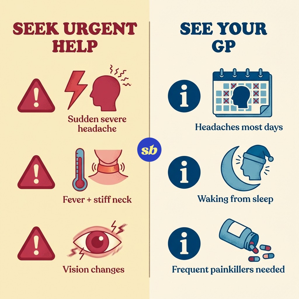 A comparison infographic showing urgent red flag symptoms on one side (severe sudden headache, fever with stiff neck, vision changes) versus symptoms to discuss with your GP on the other (persistent headaches, headaches waking you from sleep, frequent pain medication use).