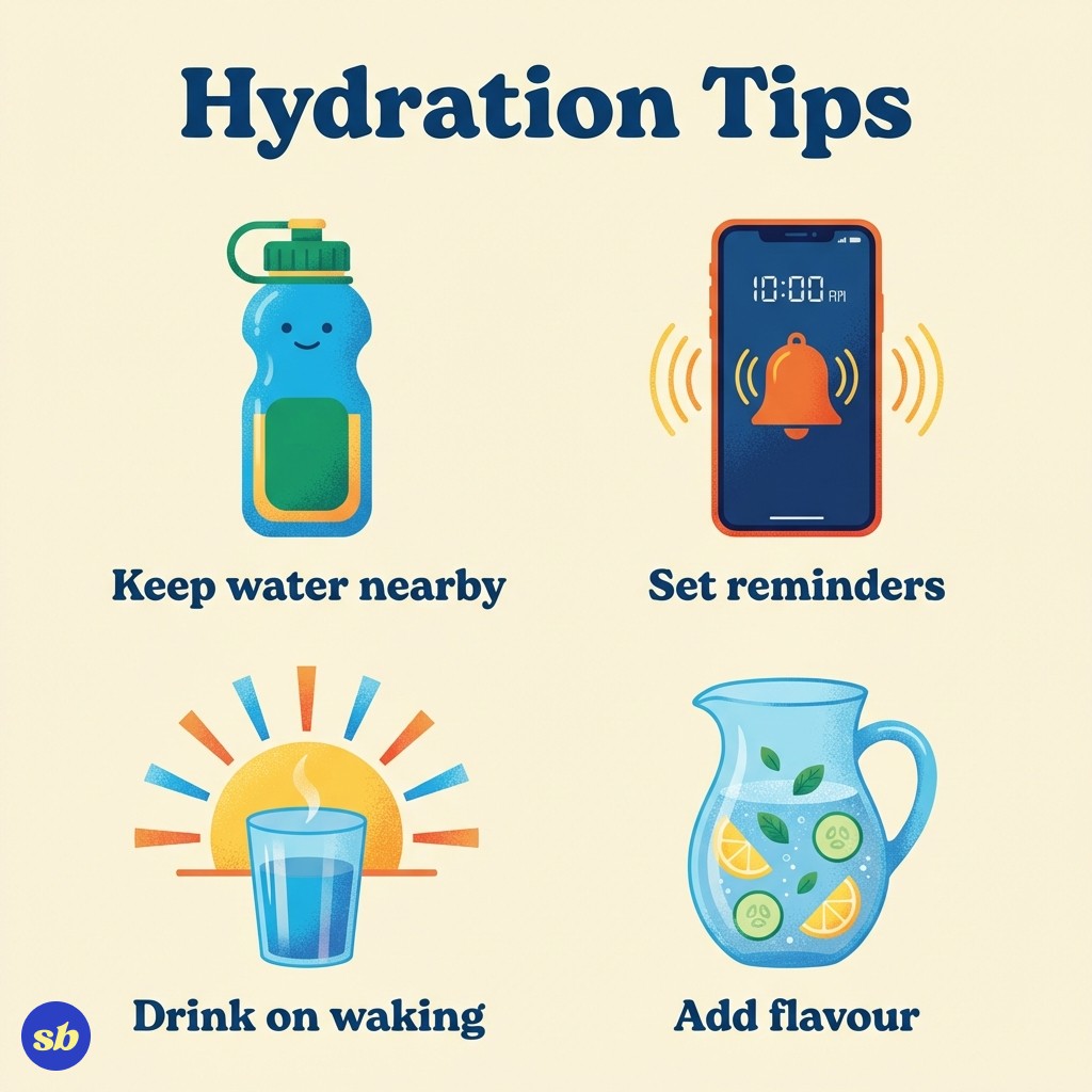 A 4-item infographic showing hydration tips: keep a water bottle nearby, set phone reminders, drink water first thing in the morning, and add lemon or cucumber for flavour.