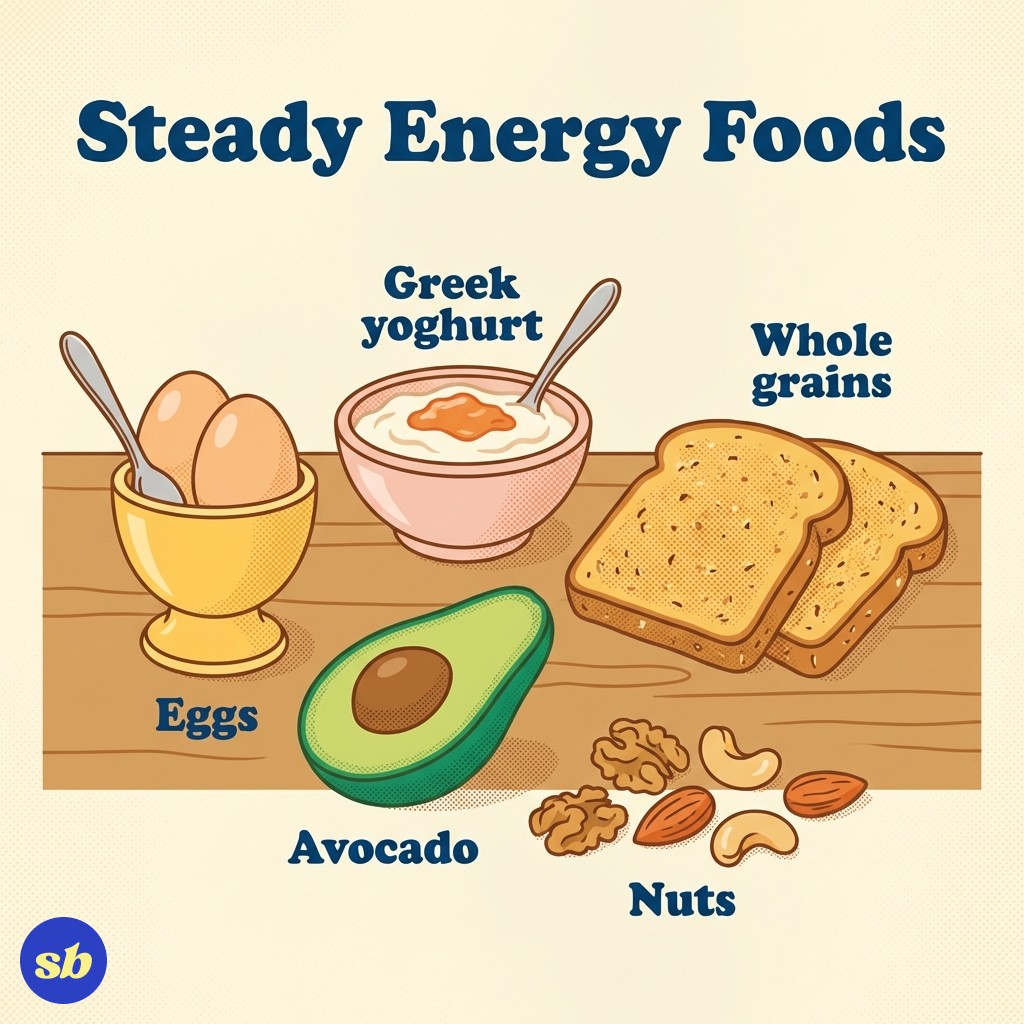 A meal card showing steady energy foods: eggs, Greek yoghurt, whole grain toast, avocado, and mixed nuts, arranged appetisingly with labels.