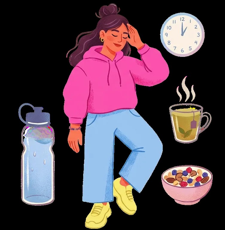 A person standing calmly with hand on temple, surrounded by a water bottle, cup of ginger tea, healthy snacks, and a clock suggesting patience.