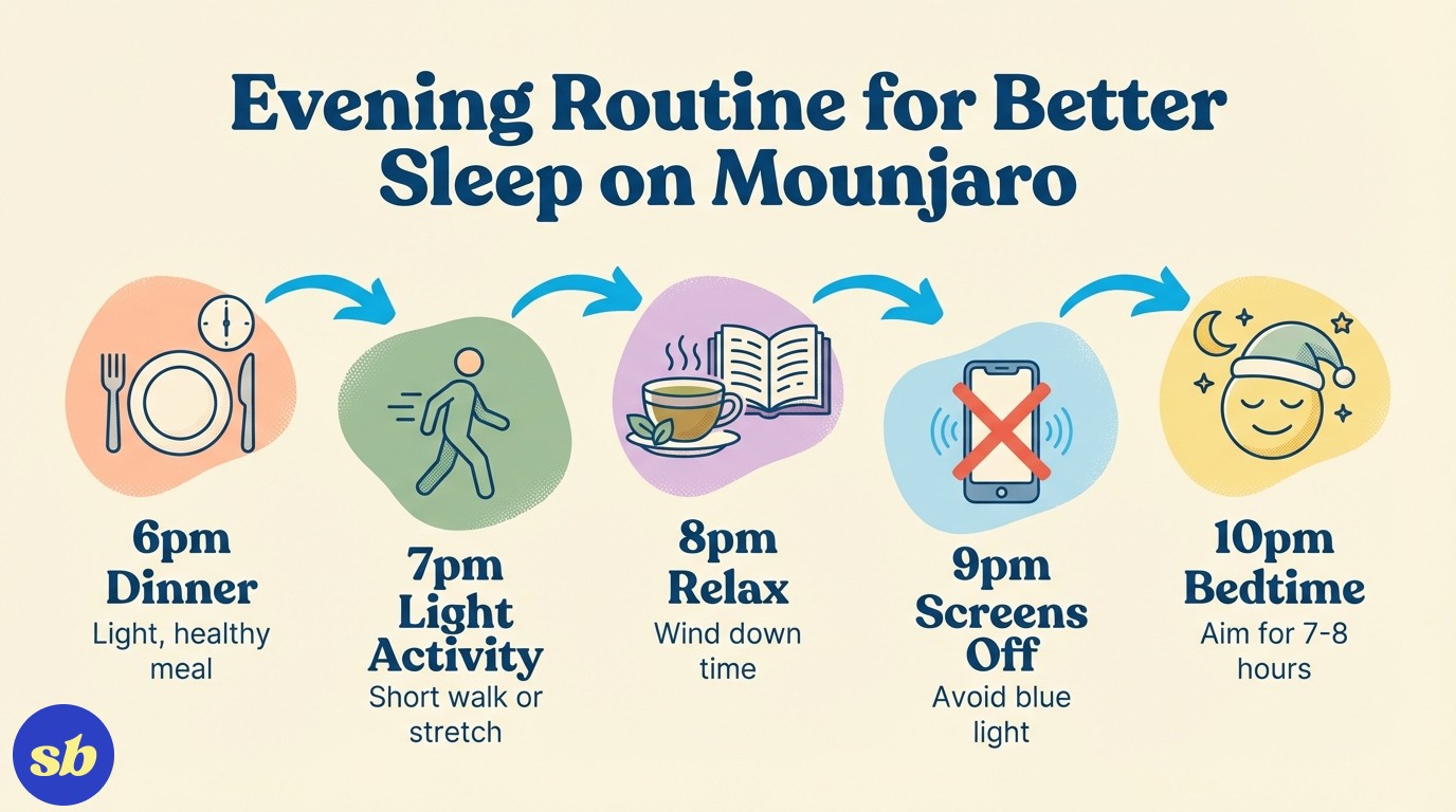 A process diagram showing an ideal evening routine: dinner at 6pm, light activity at 7pm, relaxation at 8pm, screens off at 9pm, and bedtime at 10pm.