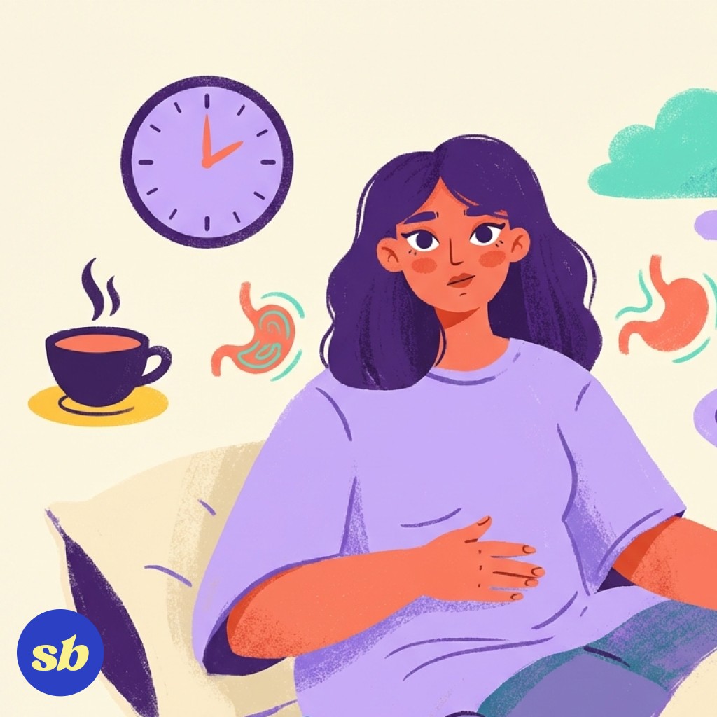 A person in bed at night surrounded by floating icons representing sleep disruptors: a stomach symbol for digestive discomfort, a clock showing 2am, a coffee cup, stress clouds, and a small plate of food.