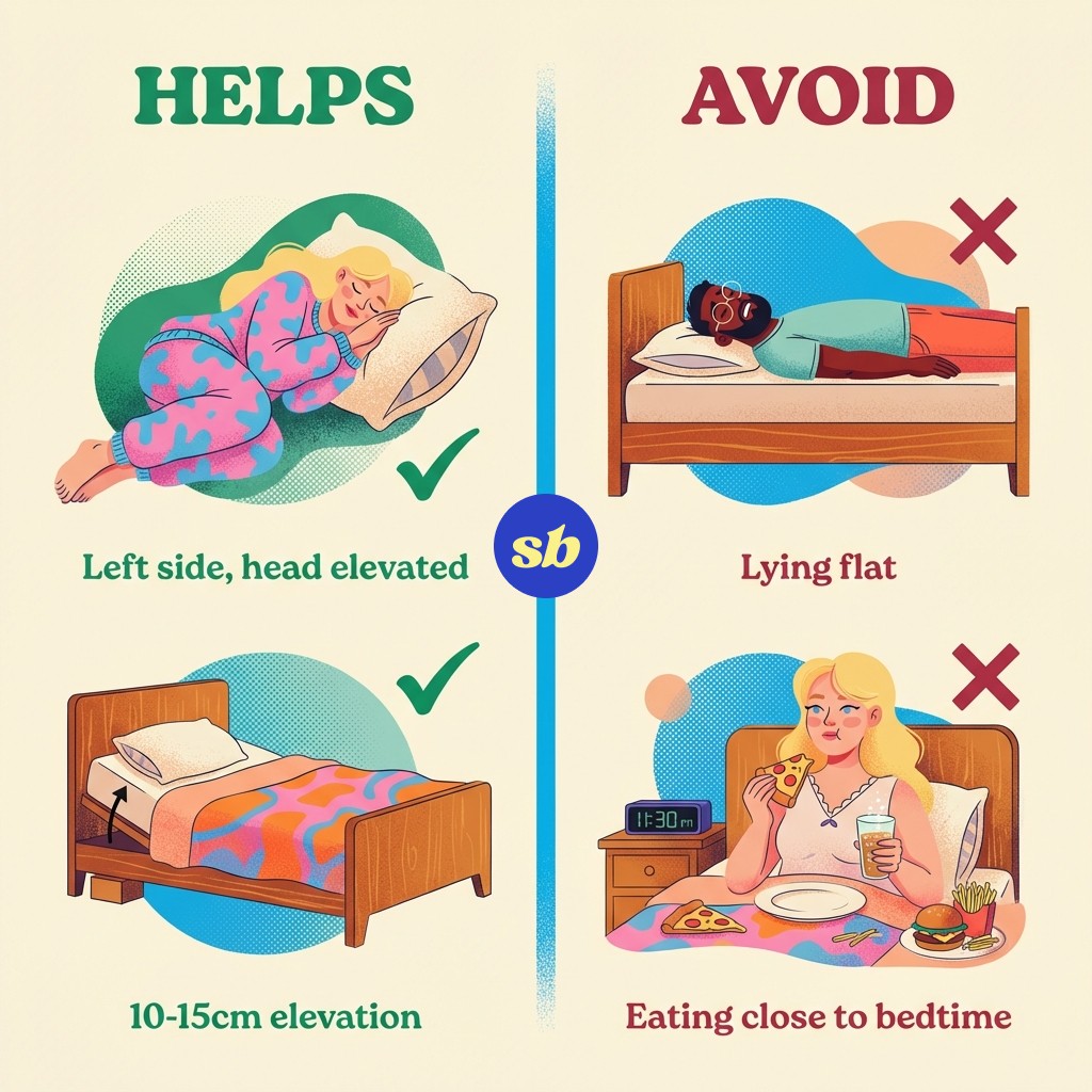 A comparison infographic showing sleep positions: sleeping on the left side with elevated head marked as helpful, versus lying flat marked as less helpful for acid reflux.