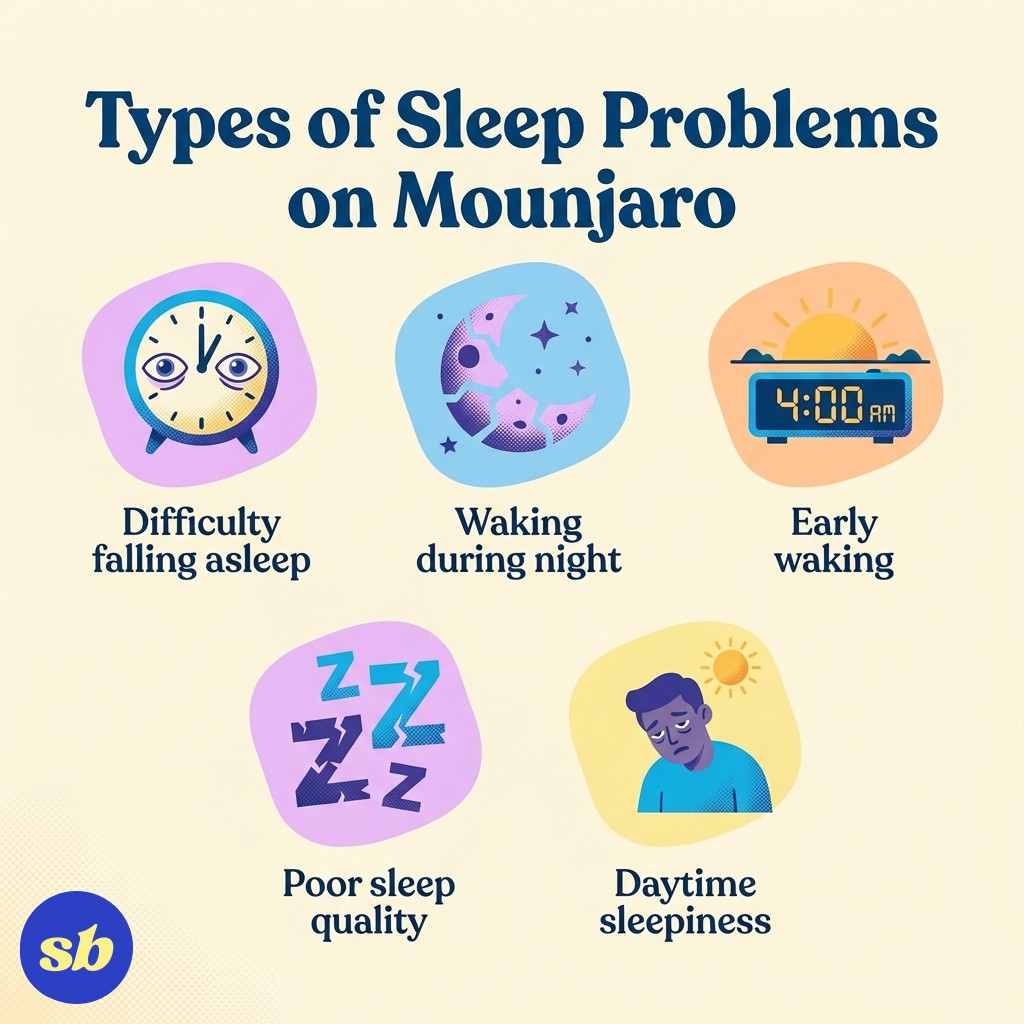 An infographic showing five types of sleep problems: difficulty falling asleep, waking during the night, early morning waking, poor sleep quality, and daytime sleepiness, each with a simple icon.
