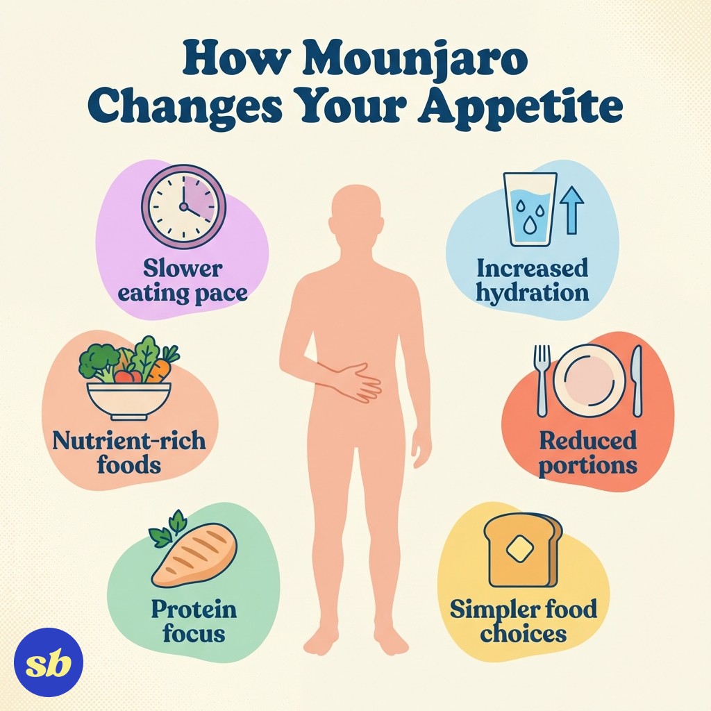 A person standing thoughtfully with hand gently on stomach, surrounded by floating icons of a clock, a water glass, and simple food items like toast and chicken, representing how Mounjaro changes the relationship with food.