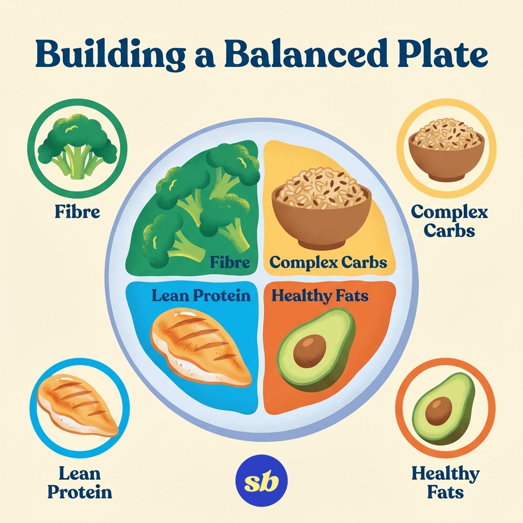 An infographic showing the four components of a balanced Mounjaro meal: protein (chicken icon), fibre (broccoli icon), healthy fats (avocado icon), and complex carbohydrates (brown rice icon), arranged around a plate.