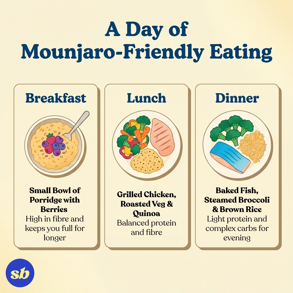 A recipe card style infographic showing a sample Mounjaro-friendly day: porridge with berries for breakfast, grilled chicken with vegetables for lunch, and baked fish with rice for dinner.