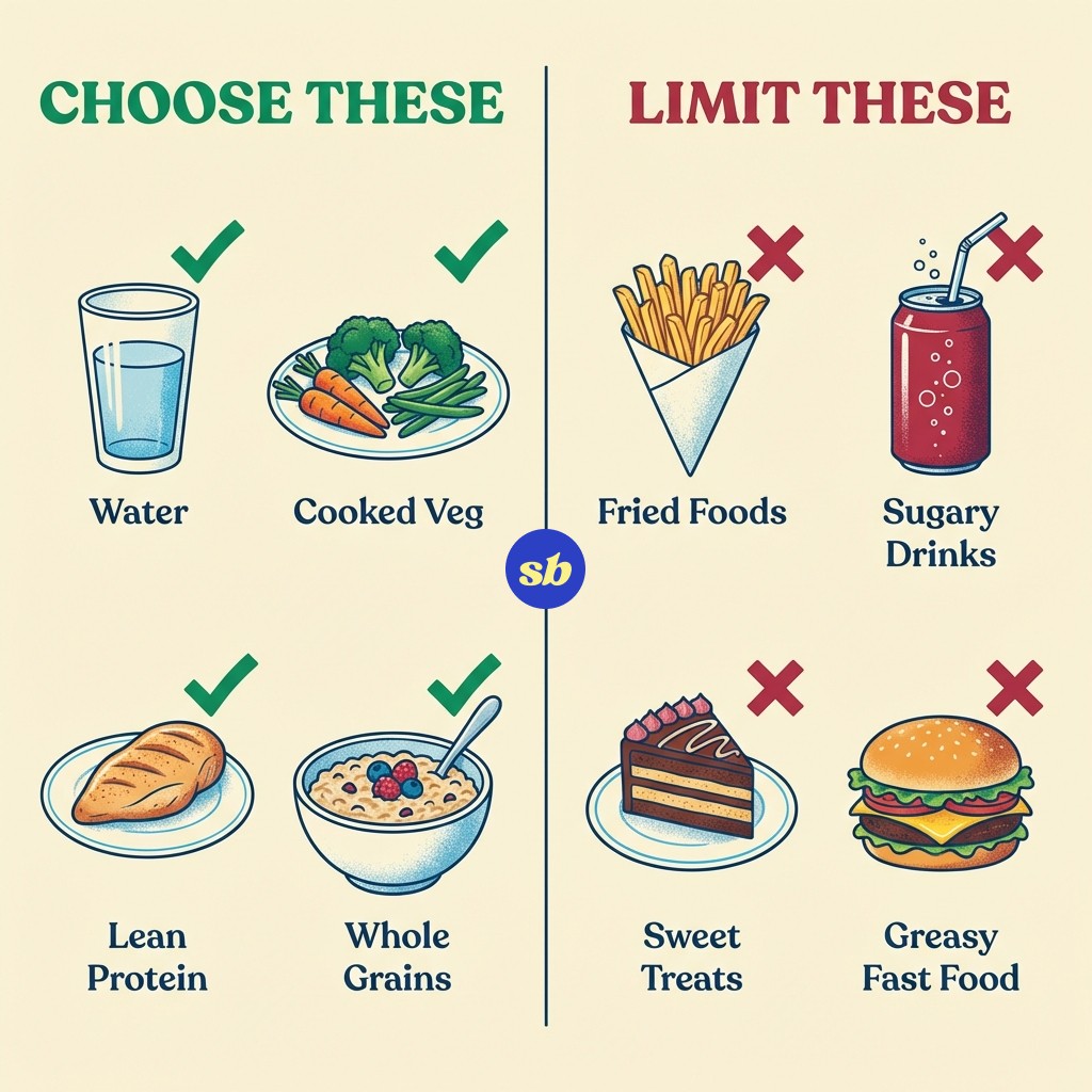 A comparison infographic with two columns: "Choose These" showing water, cooked vegetables, and lean protein, versus "Limit These" showing fried foods, fizzy drinks, and sugary treats.