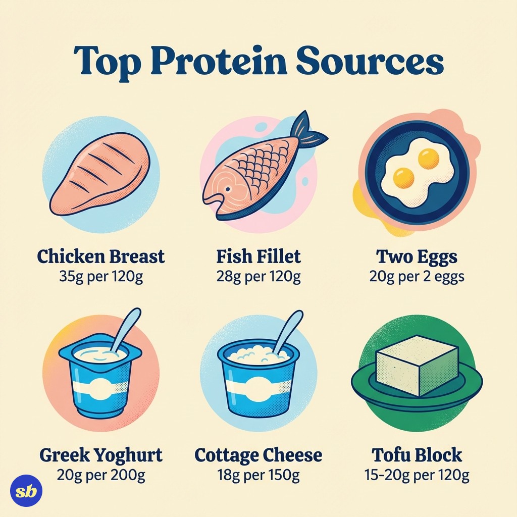 An infographic showing top protein sources for Mounjaro users: chicken breast, fish, eggs, Greek yoghurt, cottage cheese, and tofu, each with a simple icon and protein content.