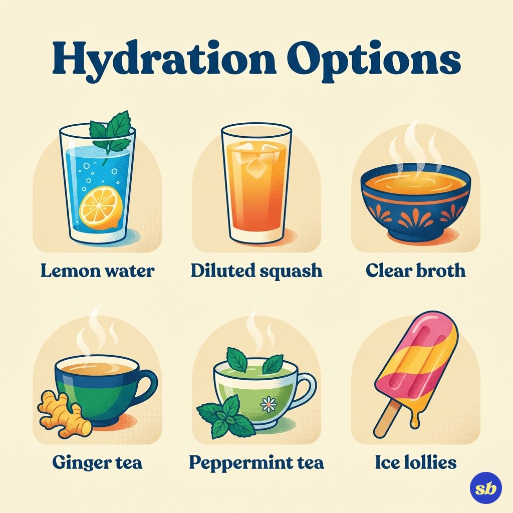 An infographic showing six hydrating drink options for managing nausea: lemon water, diluted squash, clear broth, ginger tea, peppermint tea, and ice lollies.