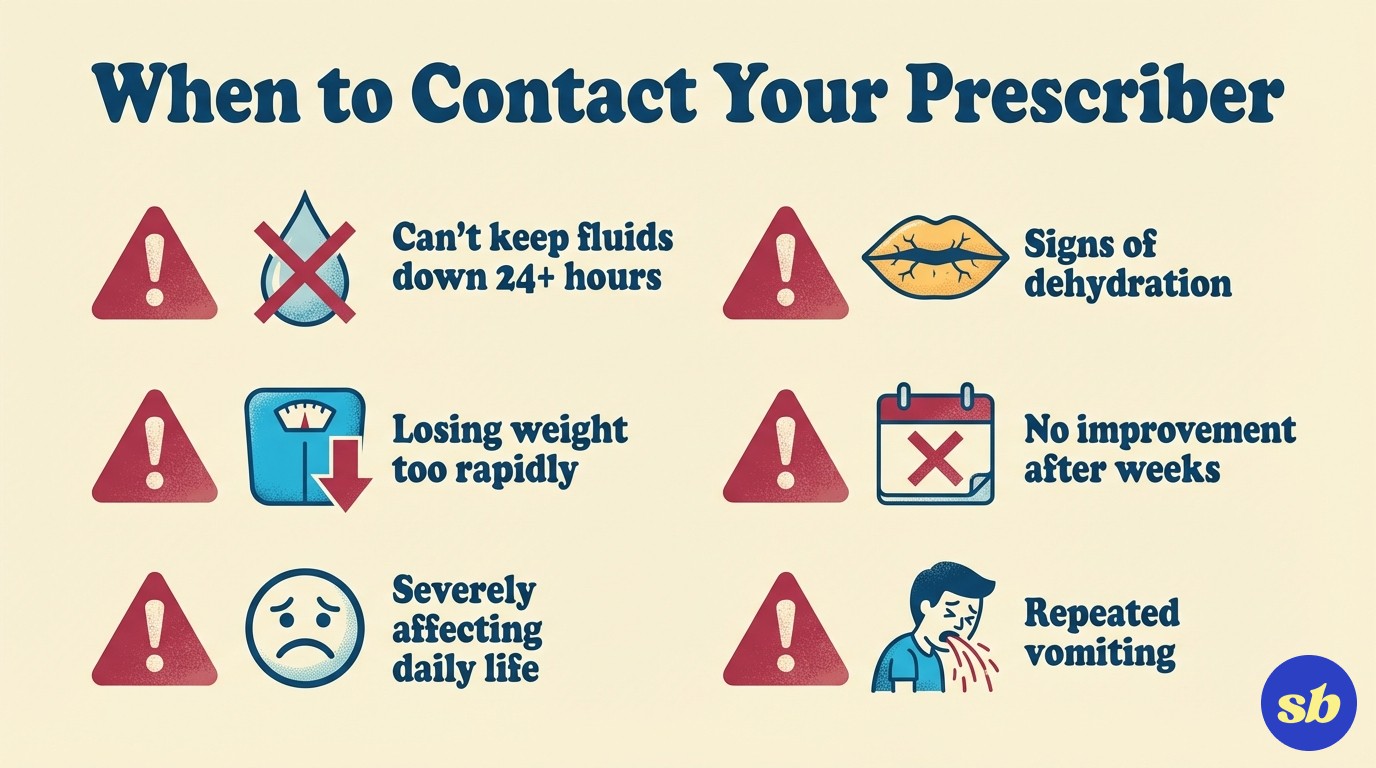 A checklist graphic showing warning signs that require medical attention: unable to keep fluids down for 24 hours, rapid weight loss, severe impact on quality of life, signs of dehydration, no improvement after several weeks, and repeated vomiting.