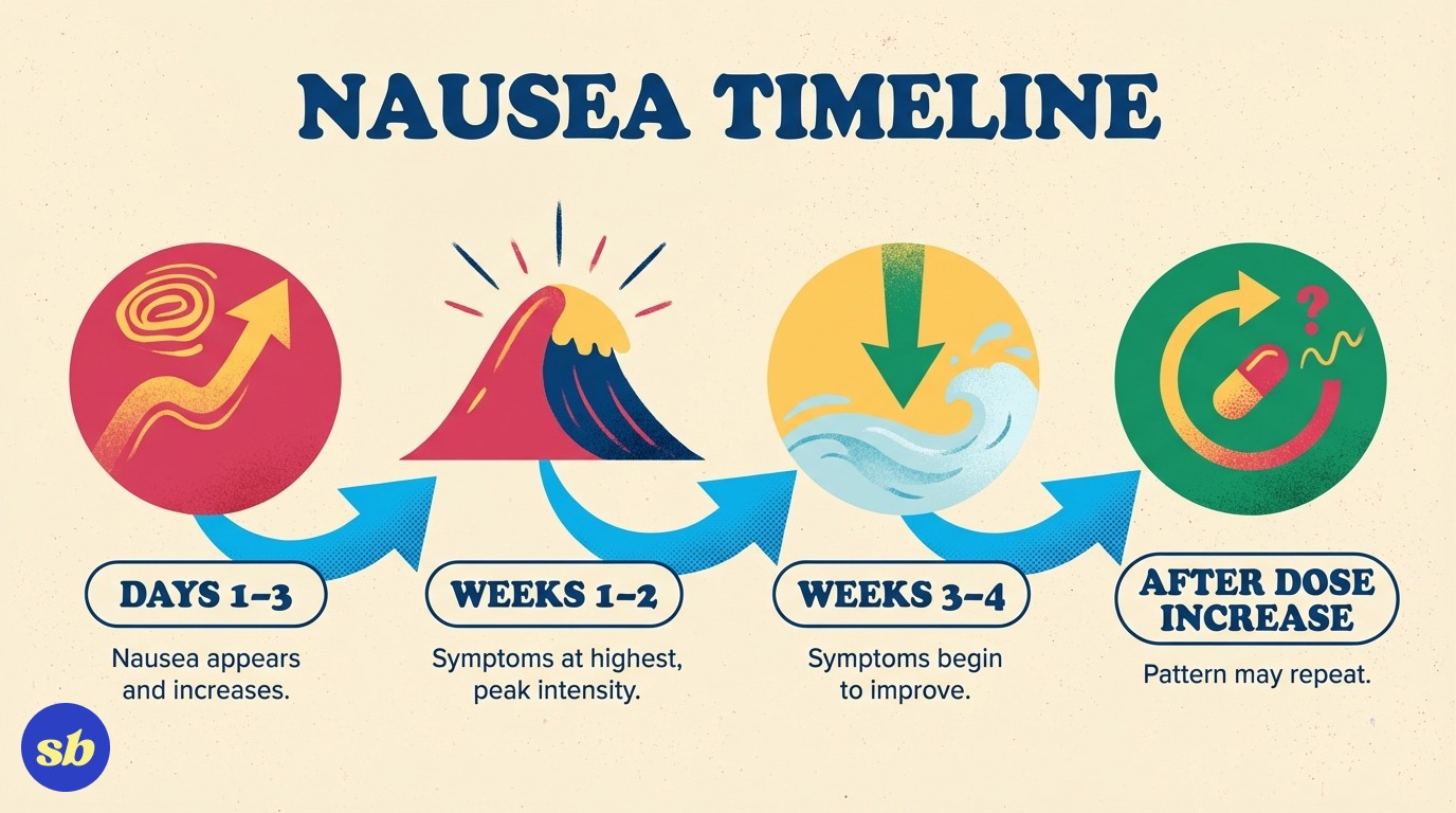 A four-step timeline showing the typical nausea pattern on Mounjaro: Days 1–3 nausea appears, Weeks 1–2 symptoms peak, Weeks 3–4 gradual improvement, and after dose increase the pattern may repeat more mildly.