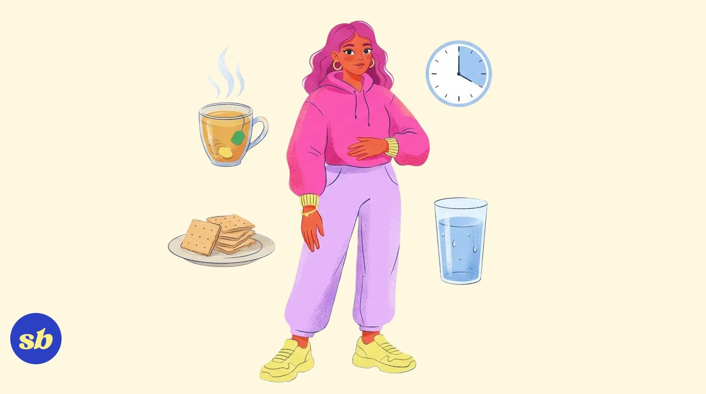 A person standing thoughtfully with one hand gently resting on their stomach, surrounded by a steaming cup of ginger tea, plain crackers, a water glass, and a clock symbol suggesting patience.