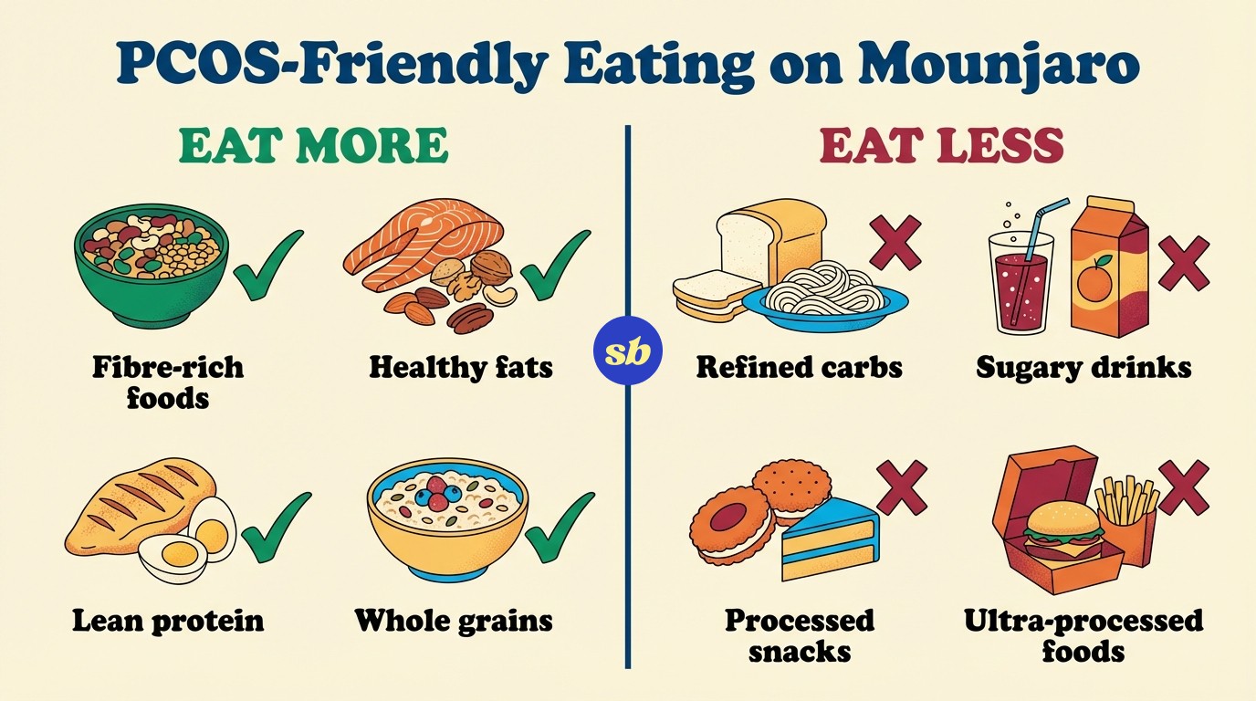 A comparison infographic showing foods to eat and foods to avoid for managing PCOS on Mounjaro, with healthy options on the left and foods to limit on the right.