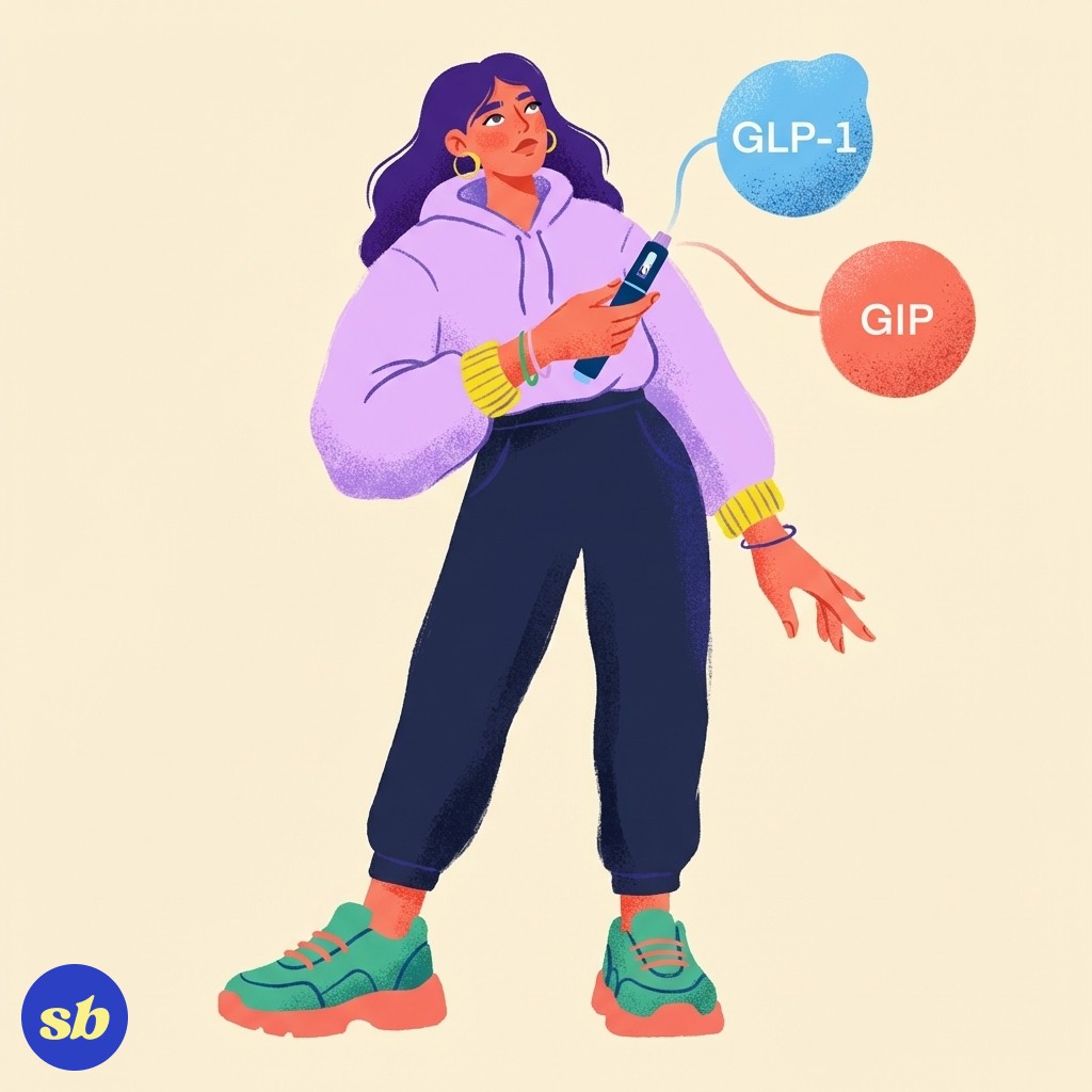 A woman in her 30s standing thoughtfully, holding a stylised Mounjaro pen, surrounded by icons representing the two hormone pathways GLP-1 and GIP.