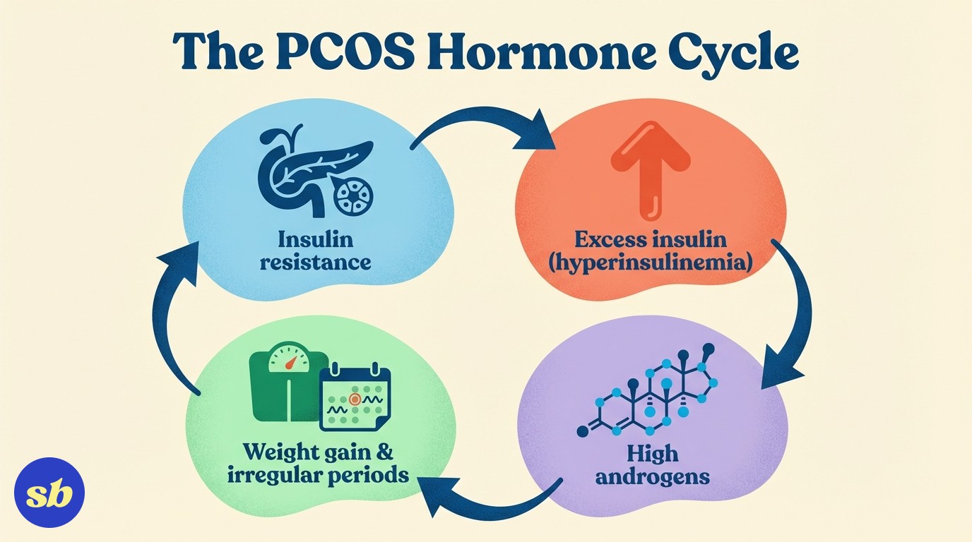 An infographic showing the PCOS cycle: insulin resistance leads to high insulin, which drives excess androgens, causing weight gain, irregular periods, and other symptoms, which in turn worsen insulin resistance.