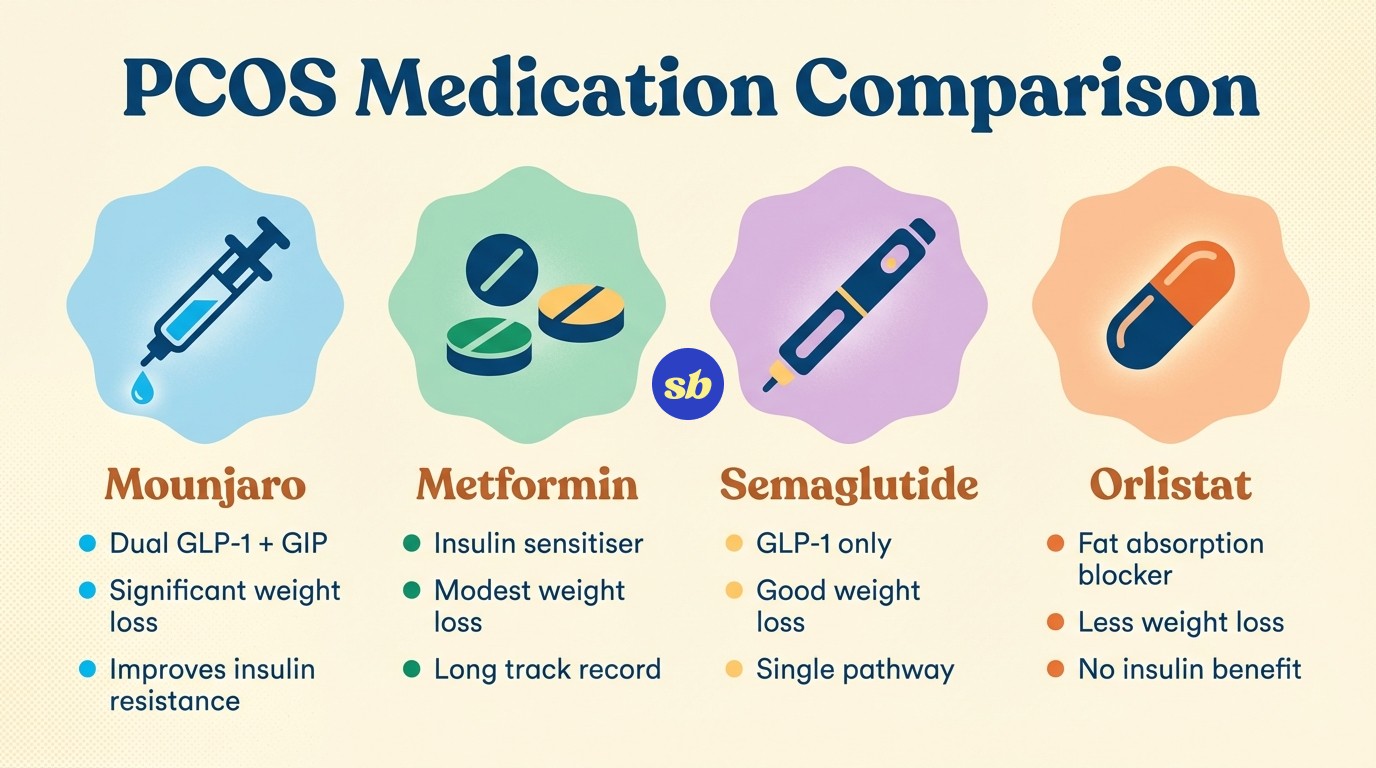 A comparison infographic showing four PCOS medications side by side: Mounjaro, Metformin, Semaglutide, and Orlistat, with key differences highlighted.