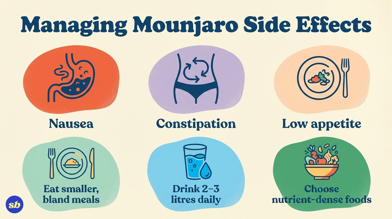 An infographic showing common Mounjaro side effects and management tips: nausea managed by small meals, constipation managed by hydration, and reduced appetite managed by nutrient-dense foods.