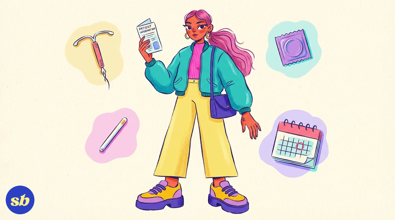 A woman in her late 20s holding a contraceptive information leaflet, surrounded by different contraceptive method icons including a coil, implant, and condom packet.