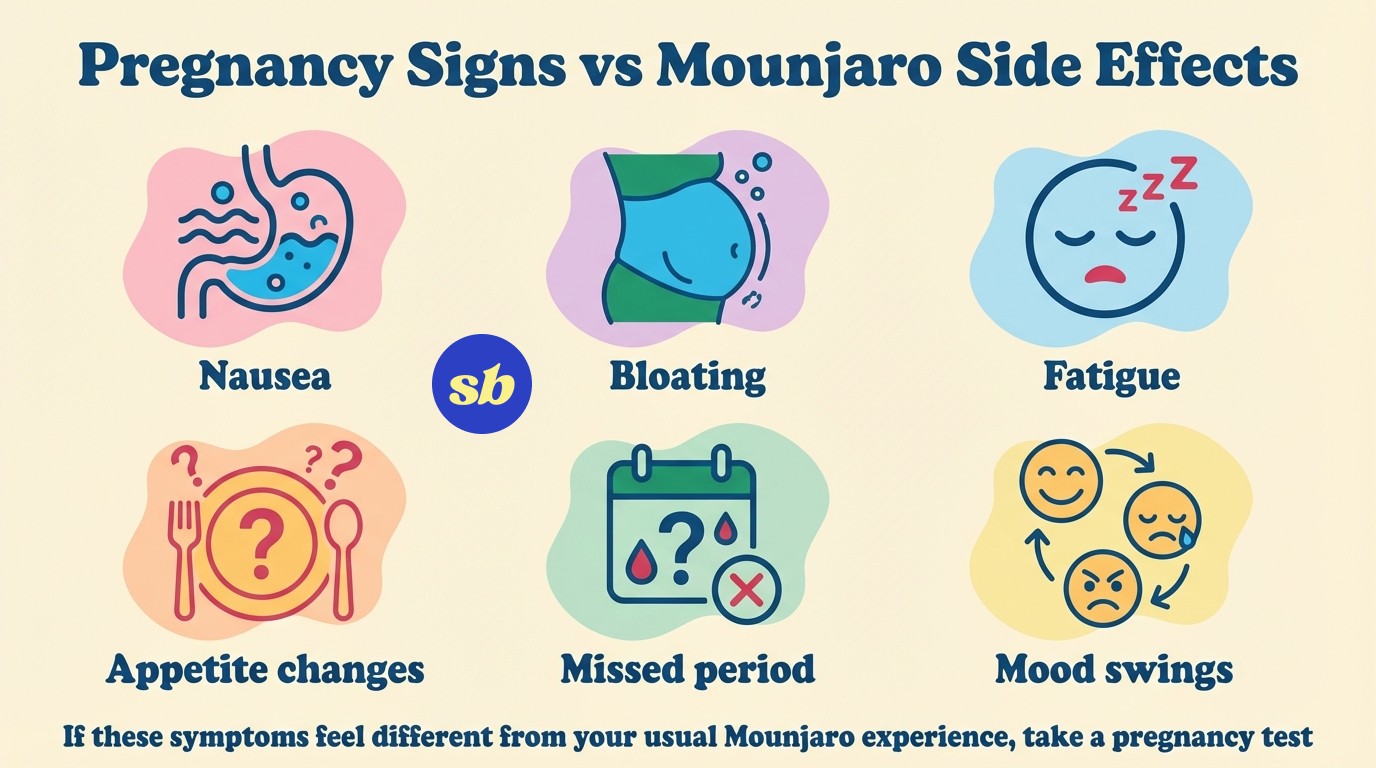 An infographic showing overlapping symptoms of early pregnancy and Mounjaro side effects, including nausea, bloating, fatigue, appetite changes, and breast tenderness, each with a labelled icon.