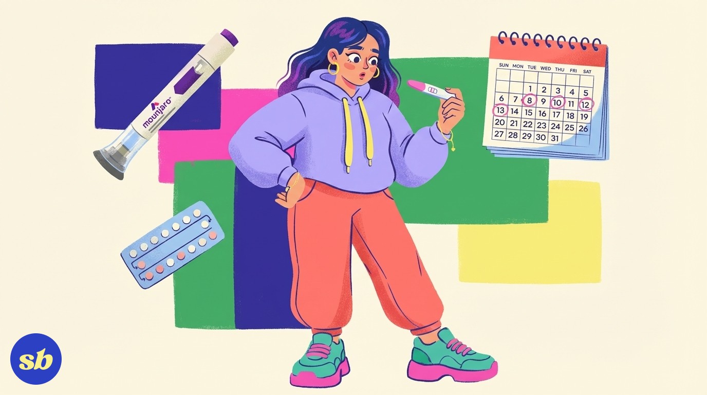 A woman in her 30s looking thoughtfully at a positive pregnancy test, surrounded by a Mounjaro pen, contraceptive pill packet, and a calendar, all rendered in a textured illustration style.