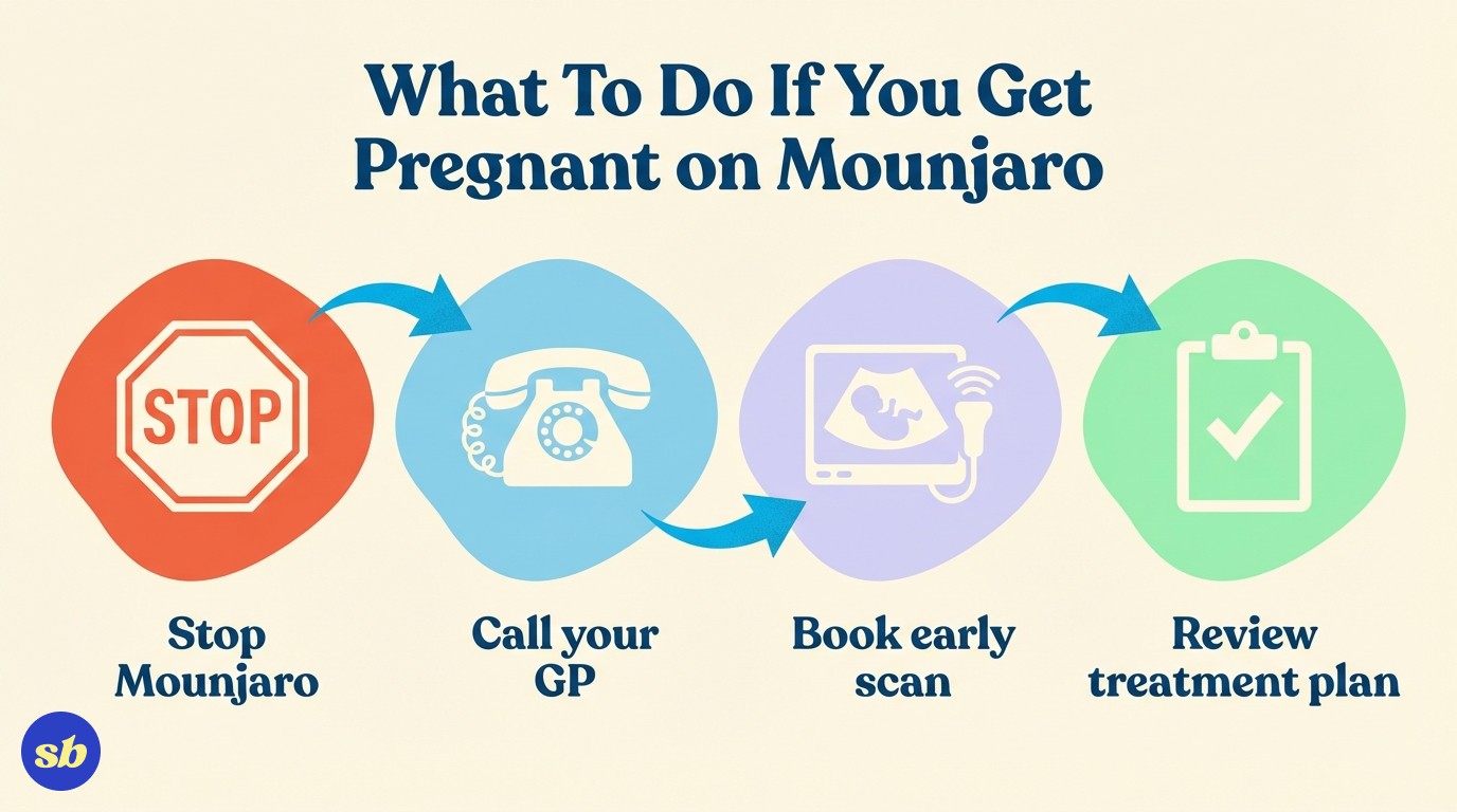 A four-step process diagram showing what to do after getting pregnant on Mounjaro: stop the medication, call your GP, attend an early scan, and review your treatment plan.
