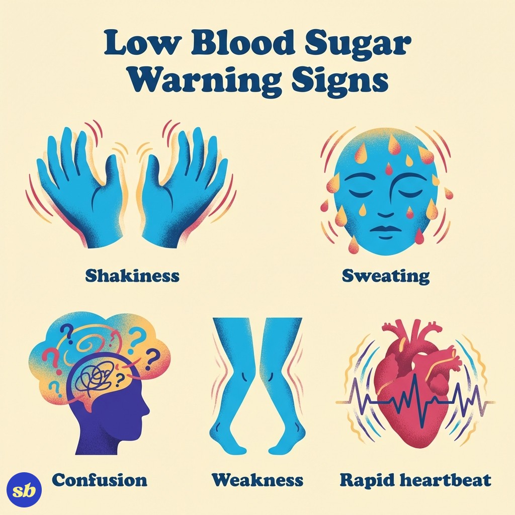 An infographic showing 5 warning signs of low blood sugar: shakiness, sweating, confusion, weakness, and rapid heartbeat.