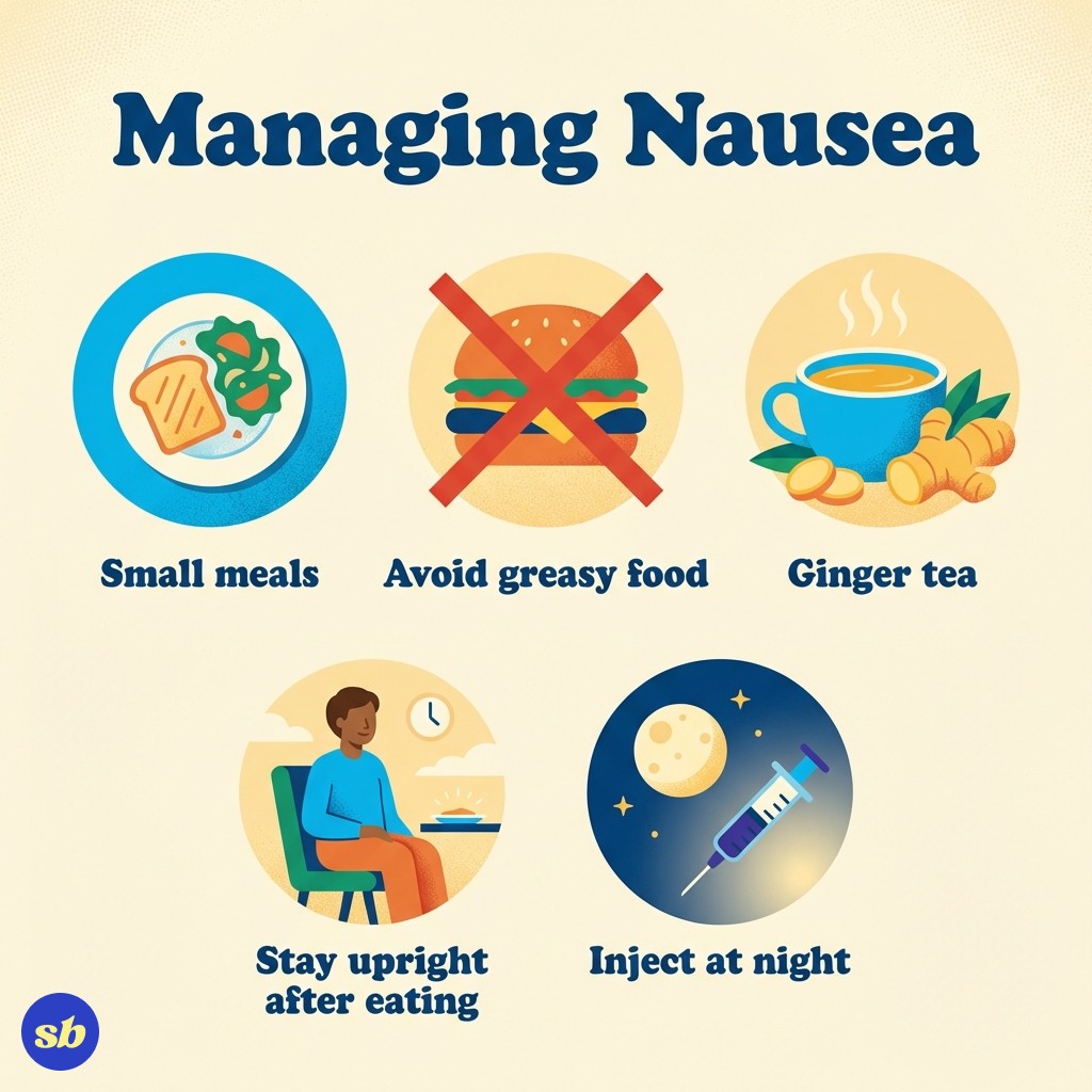 An infographic showing 5 tips to reduce Mounjaro nausea: eat smaller meals, avoid greasy foods, try ginger tea, don't lie down after eating, and take injection at night.