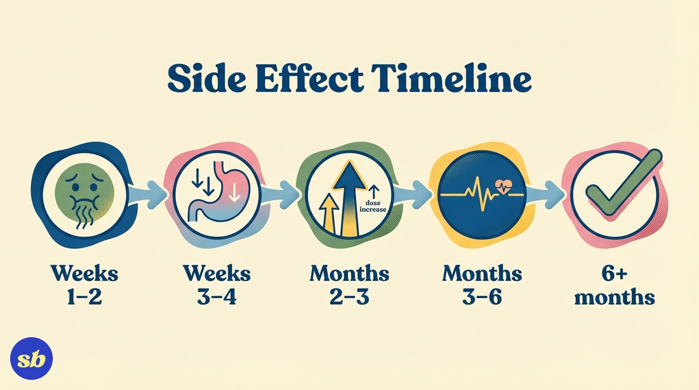 A 5-step timeline showing Mounjaro side effect progression from weeks 1-2 through beyond 6 months, with icons for each phase.