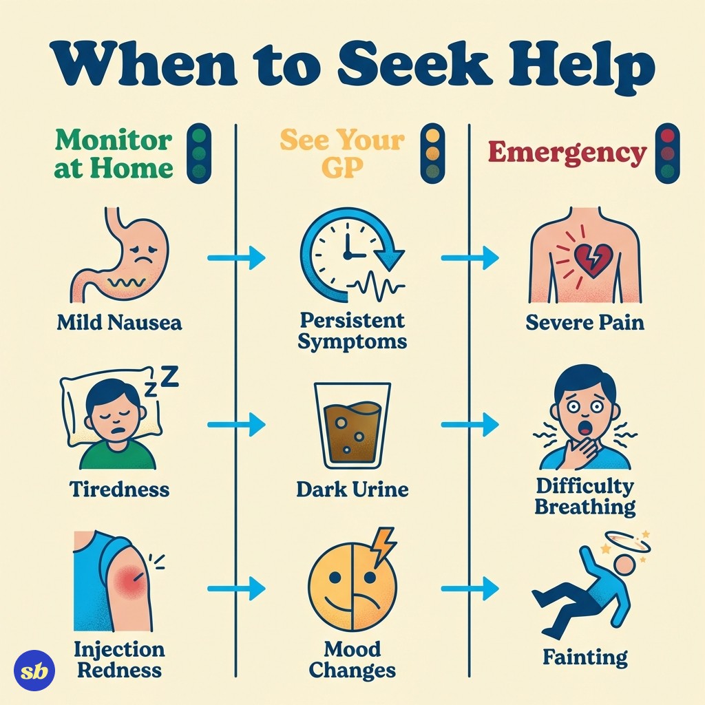 A three-column infographic showing when to monitor at home (green), see your GP (amber), and seek emergency help (red) for Mounjaro side effects.