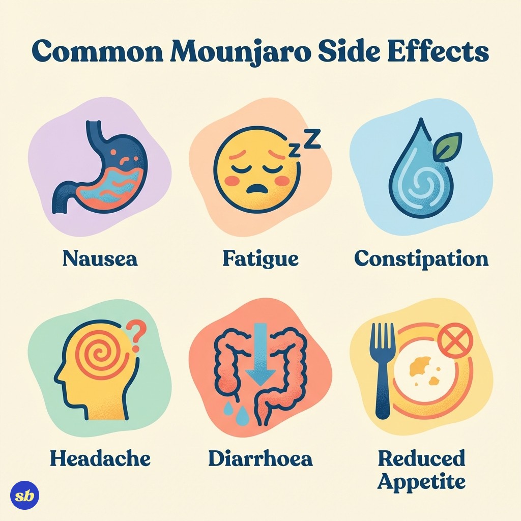 A person standing calmly with hand gently on stomach, surrounded by icons representing common Mounjaro side effects like nausea, tiredness, and digestive symptoms, with a reassuring expression.
