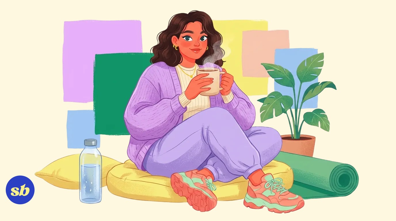 A person wrapped in a cosy blanket holding a warm drink, surrounded by icons for rest, hydration, and gentle movement.