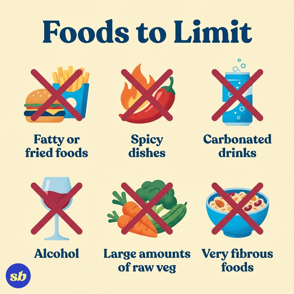 An infographic showing six foods and drinks to avoid on Mounjaro: fatty foods, spicy dishes, high-fibre foods, carbonated drinks, alcohol, and raw vegetables, each shown with a red cross mark.