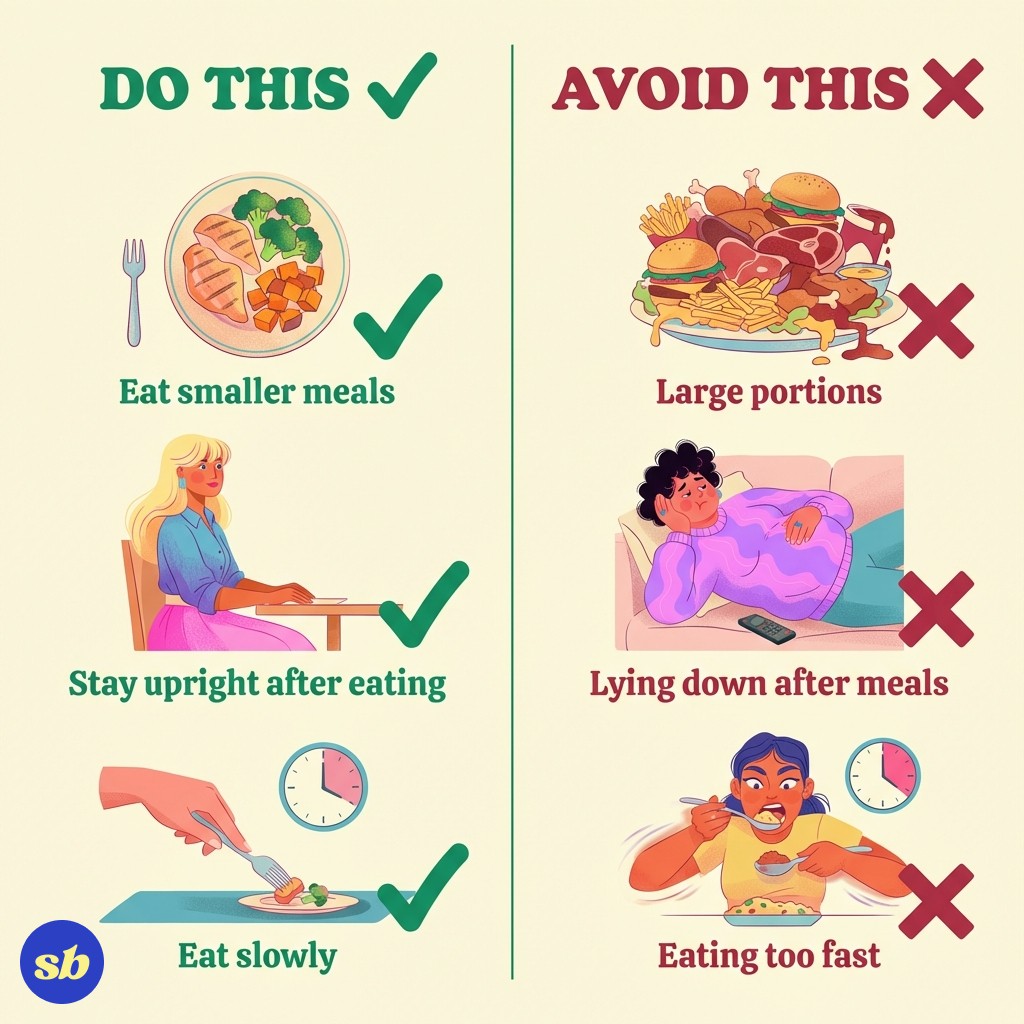 A comparison infographic showing eating habits to follow versus habits to avoid on Mounjaro: the left side shows small portions, eating slowly, and staying upright; the right side shows large portions, eating quickly, and lying down after meals.
