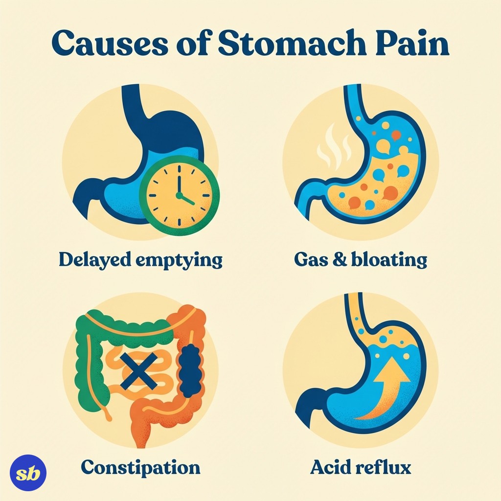 An infographic showing four causes of Mounjaro stomach pain: delayed gastric emptying (clock and stomach icon), gas and bloating (bubbles icon), constipation (blocked pathway icon), and acid reflux (upward arrow icon), each with a brief label.