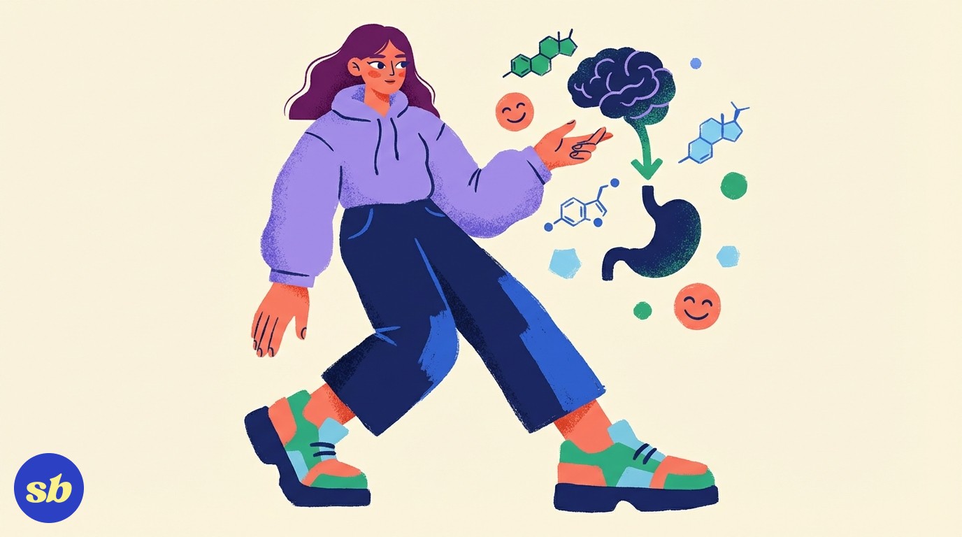 A person standing calmly with a stylised diagram of the brain and stomach connected by glowing pathways, surrounded by icons representing reduced appetite and stable blood sugar.