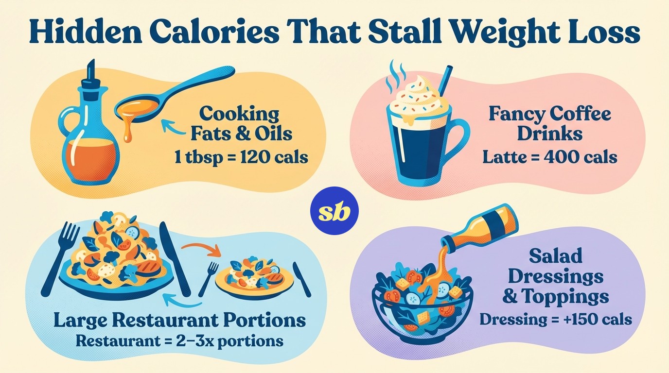 A comparison infographic showing common hidden calorie sources: a tablespoon of olive oil at 120 calories, a latte at 400 calories, a restaurant portion versus home portion, and salad dressing adding 150 calories.