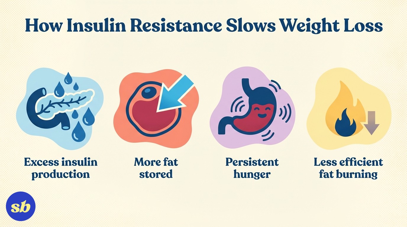 An infographic showing four ways insulin resistance affects weight loss: excess insulin production, increased fat storage, persistent hunger, and less efficient fat burning.