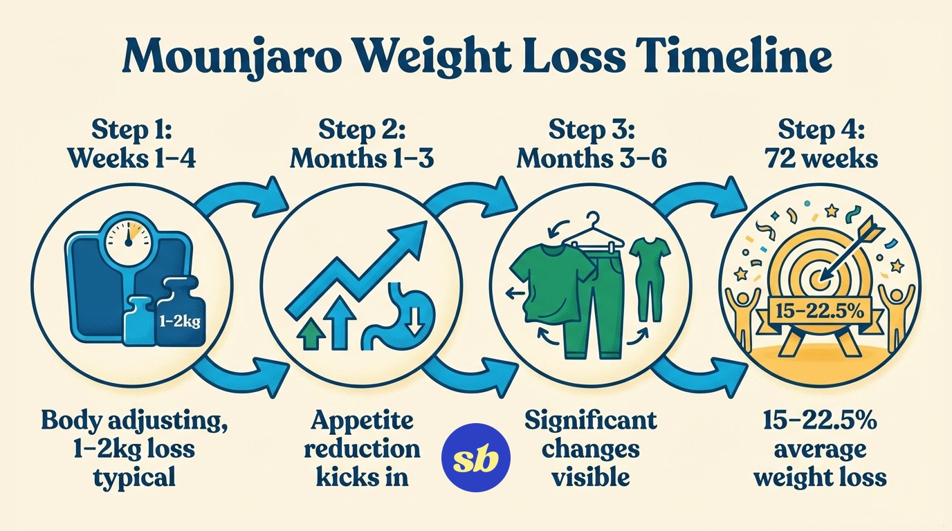 A timeline infographic showing four stages of Mounjaro weight loss progress: weeks 1–4 with 1–2kg loss, months 1–3 with steady progress, months 3–6 with significant changes, and 72 weeks with 15–22.5% average weight loss.