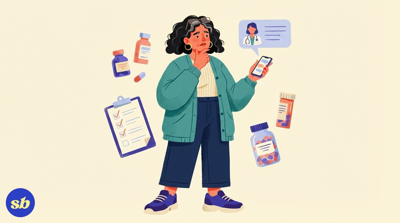A woman looking thoughtful while holding a phone, surrounded by stylised medication bottles and a clipboard, representing a conversation with a prescriber about medication interactions.