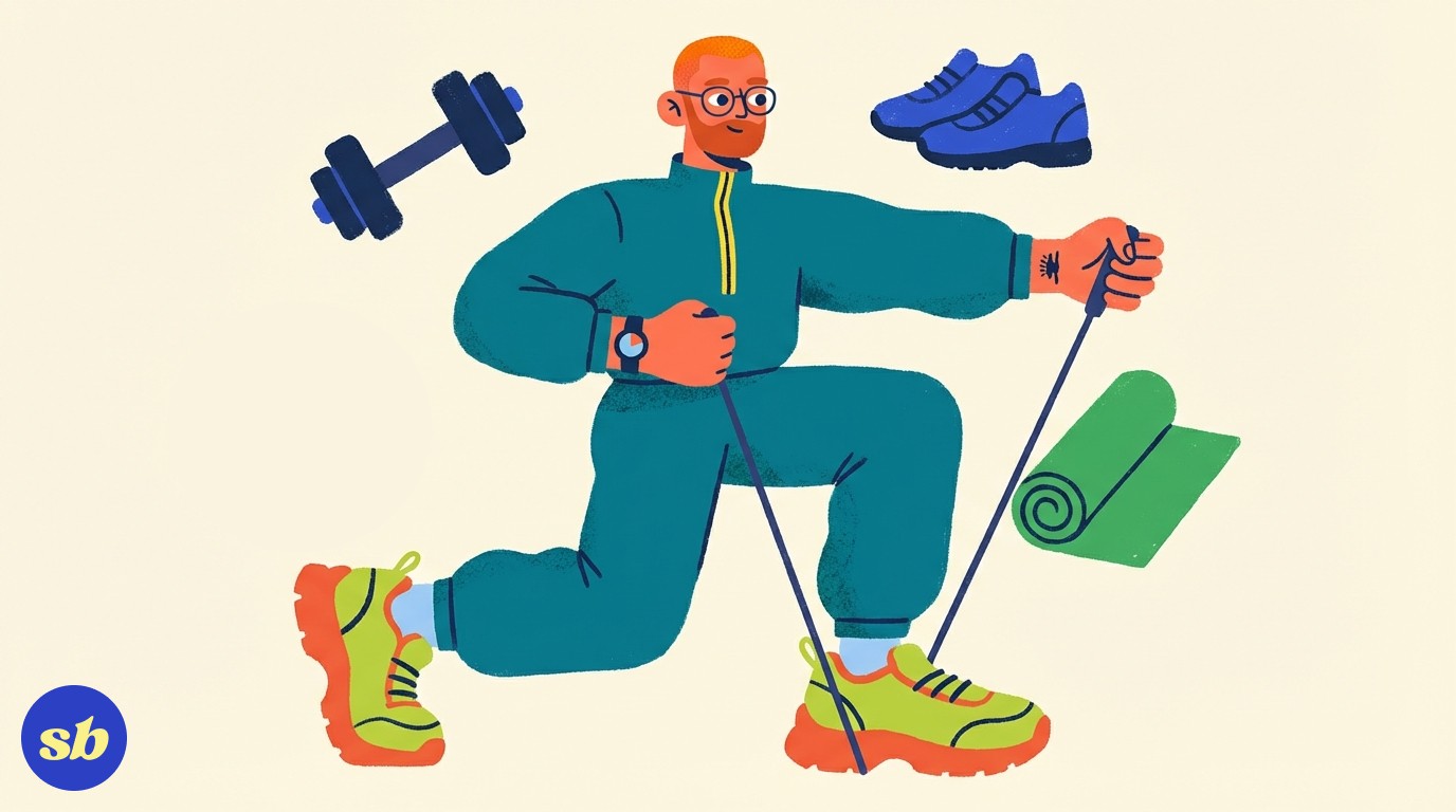 A person in bold streetwear doing a relaxed strength training pose with resistance bands, surrounded by icons for walking, weights, and bodyweight exercises.