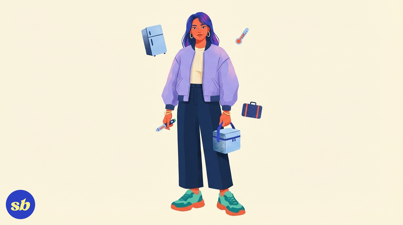A person standing calmly holding a Mounjaro pen in one hand and a small insulated bag in the other, surrounded by a fridge, thermometer, and travel bag.