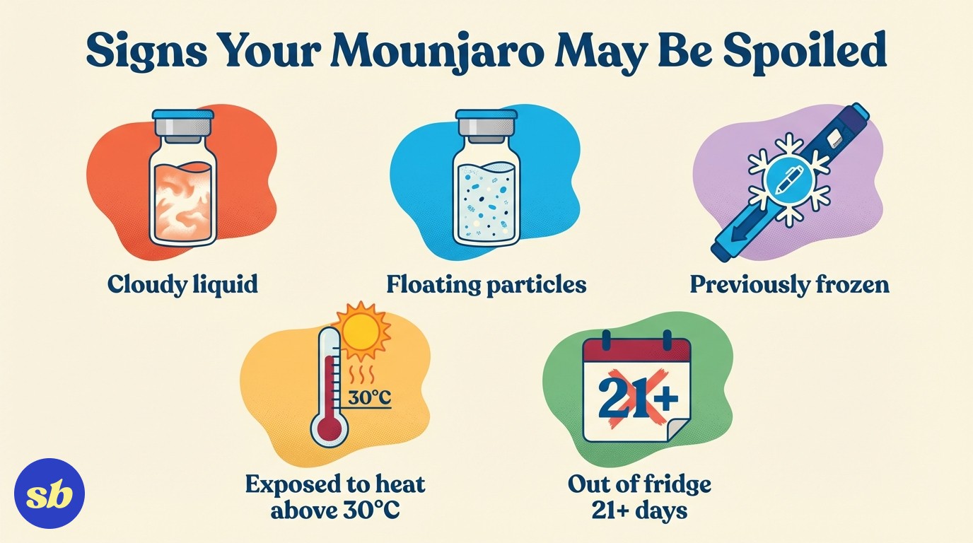 An infographic showing five warning signs that Mounjaro may be spoiled: cloudy liquid, floating particles, ice crystals from freezing, exposure to heat above 30°C, and being out of the fridge for more than 21 days.