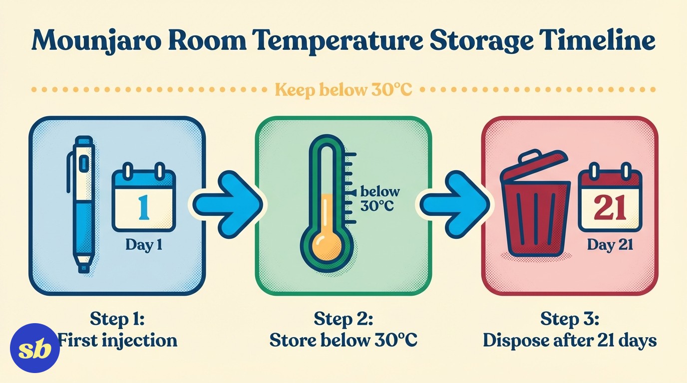 A timeline diagram showing the 21-day room temperature storage window for Mounjaro, from first use to disposal date, with temperature limit of 30°C noted.
